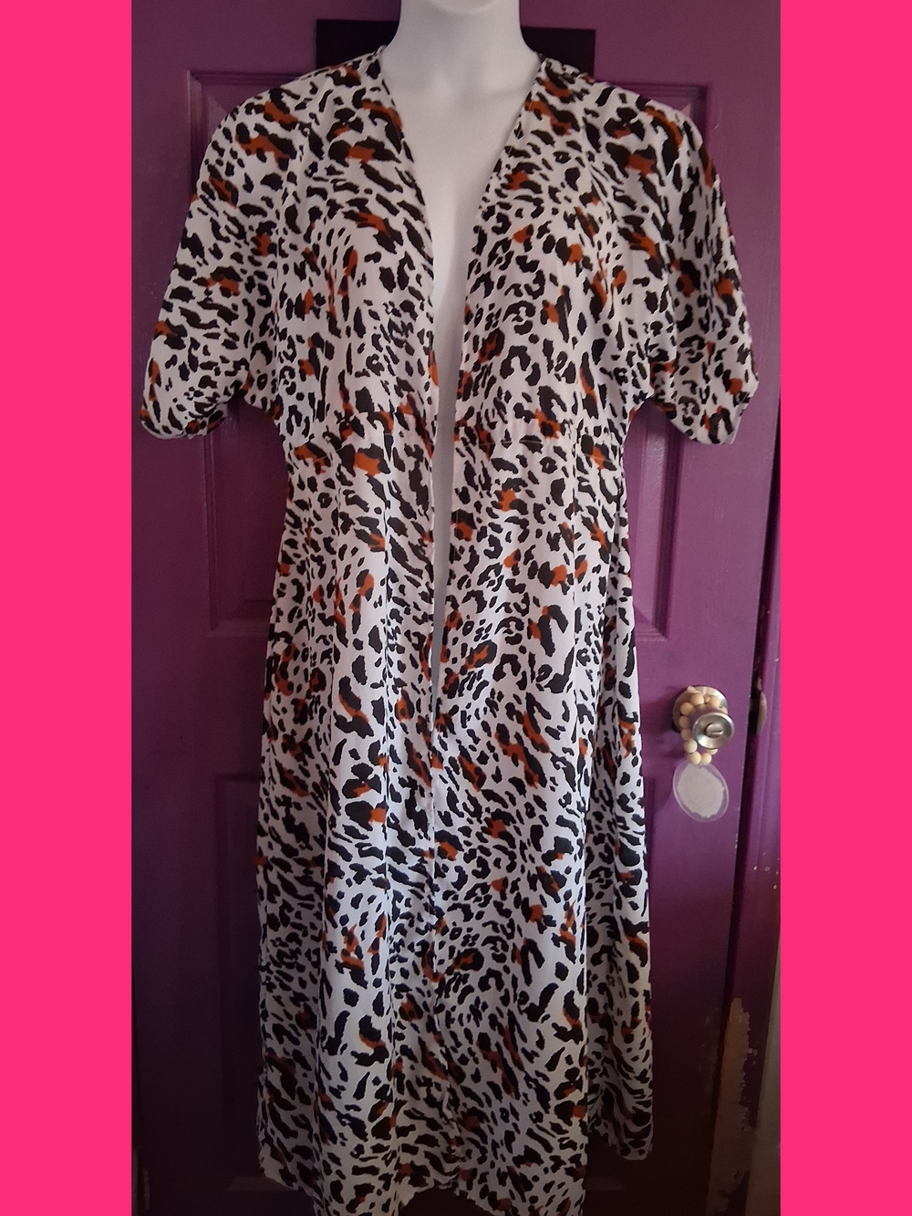 Leopard Print Open Front Duster Cardigan - White, Black & Rust